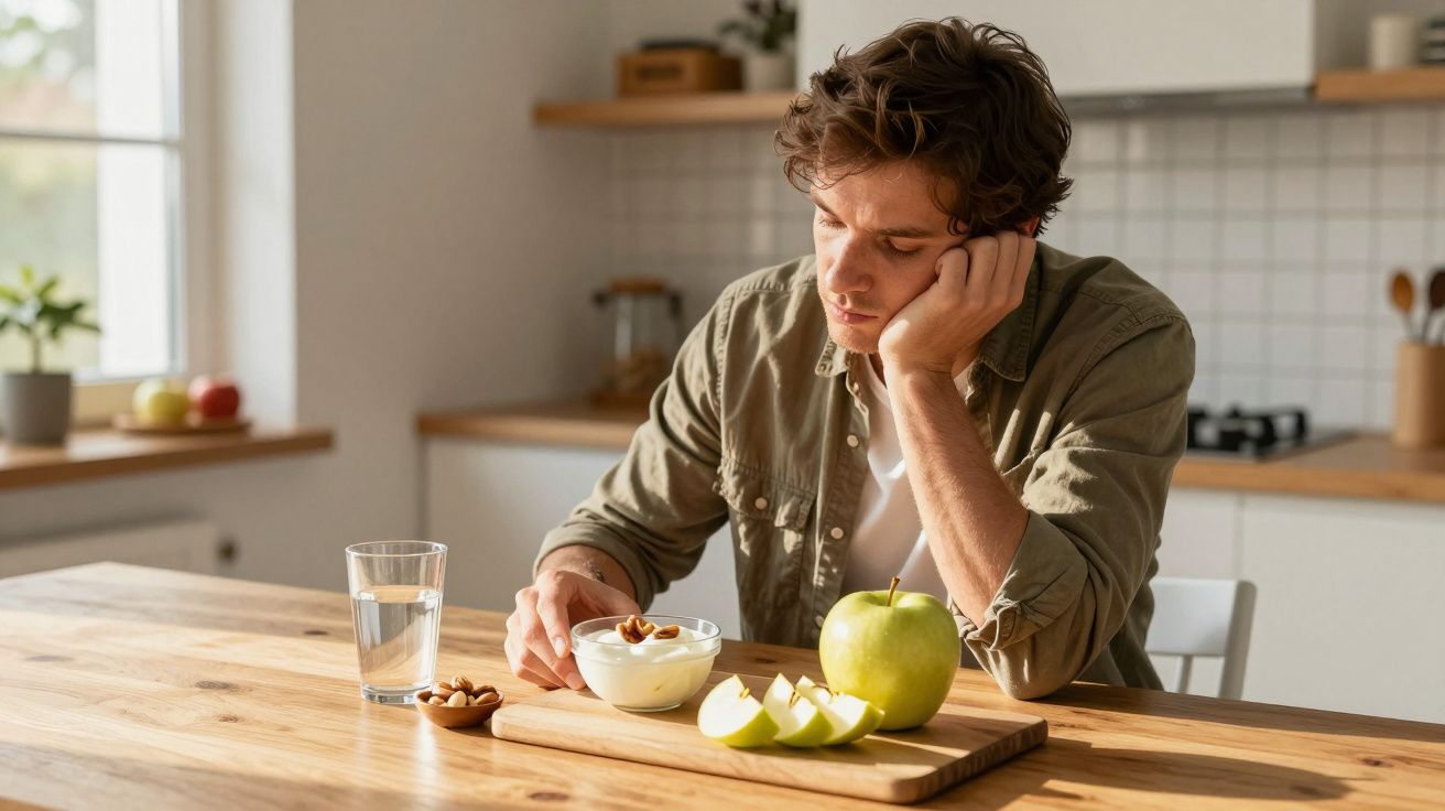 Man sitting at a kitchen table with apples, almonds, and yoghurt, looking thoughtful.