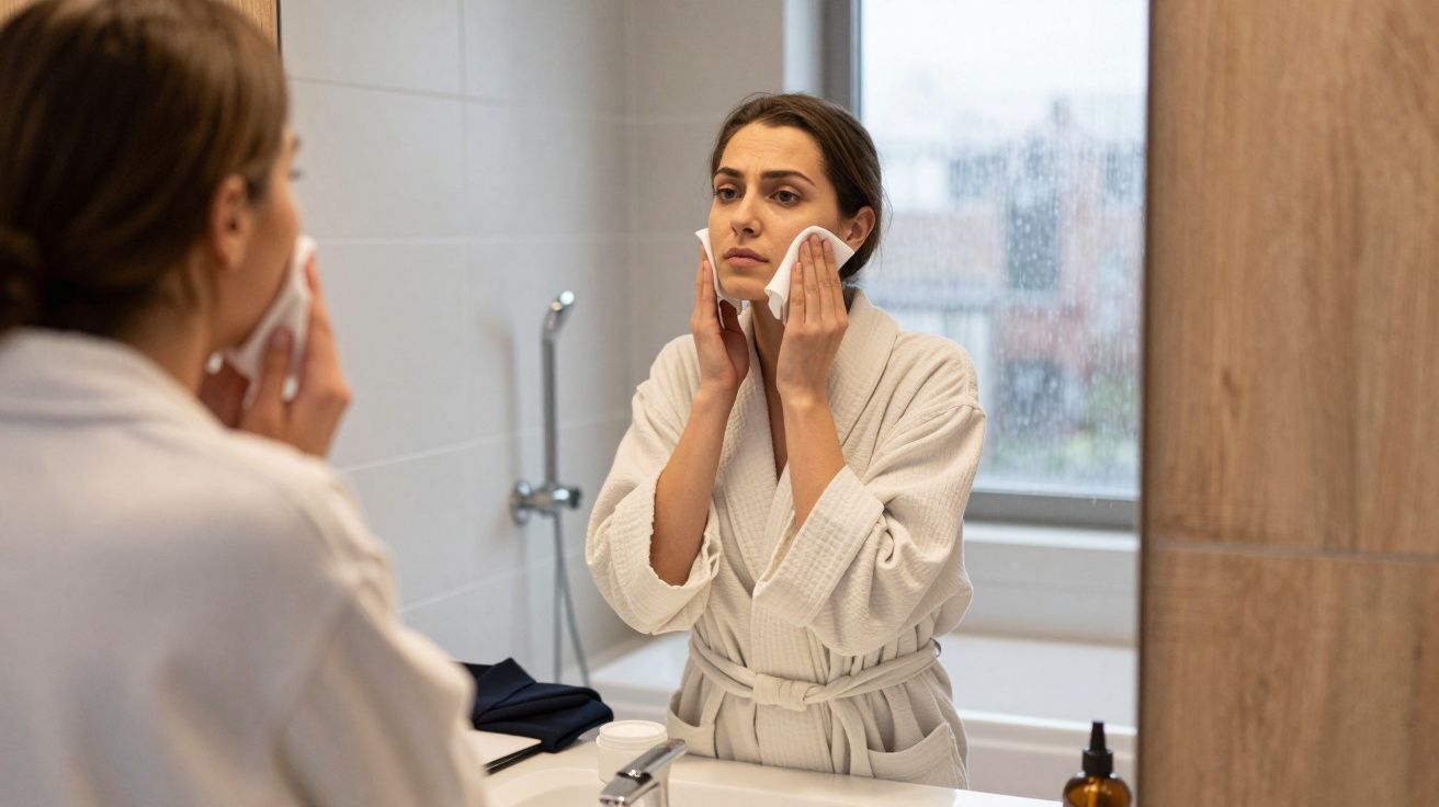 Woman in a bathroom using facial pads in front of a mirror, wearing a white bathrobe.