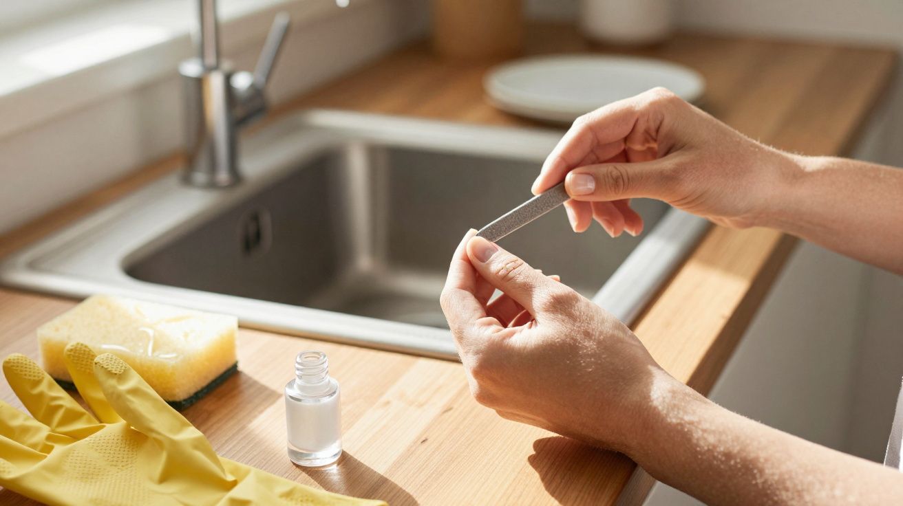 Person filing nails at a kitchen sink with rubber gloves, a sponge, and a bottle on the wooden counter.