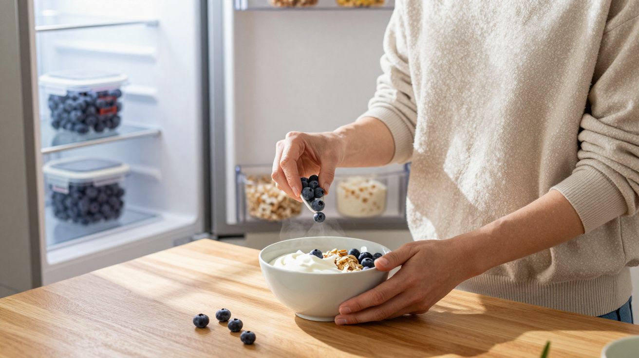 Person adding blueberries to a bowl of yoghurt and granola in a kitchen.