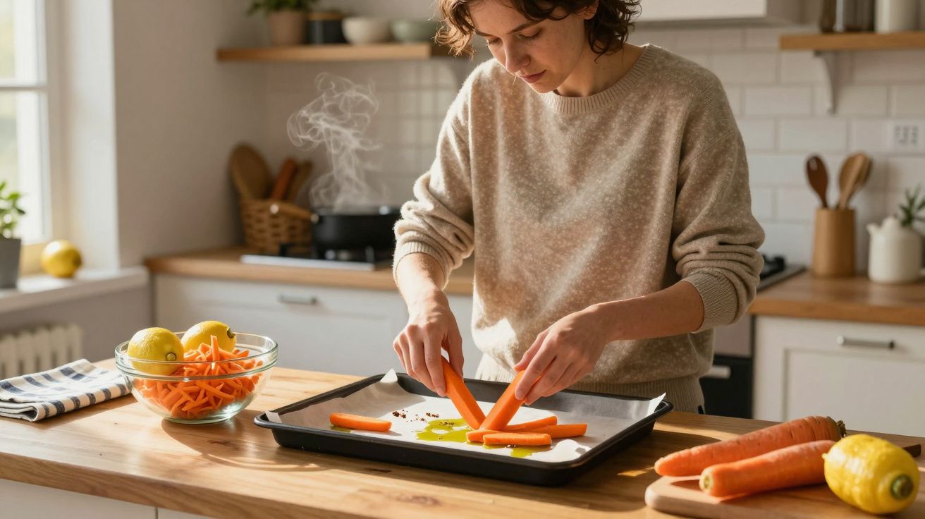 Person arranging carrot sticks on a baking tray in a bright kitchen with lemons and carrots nearby.