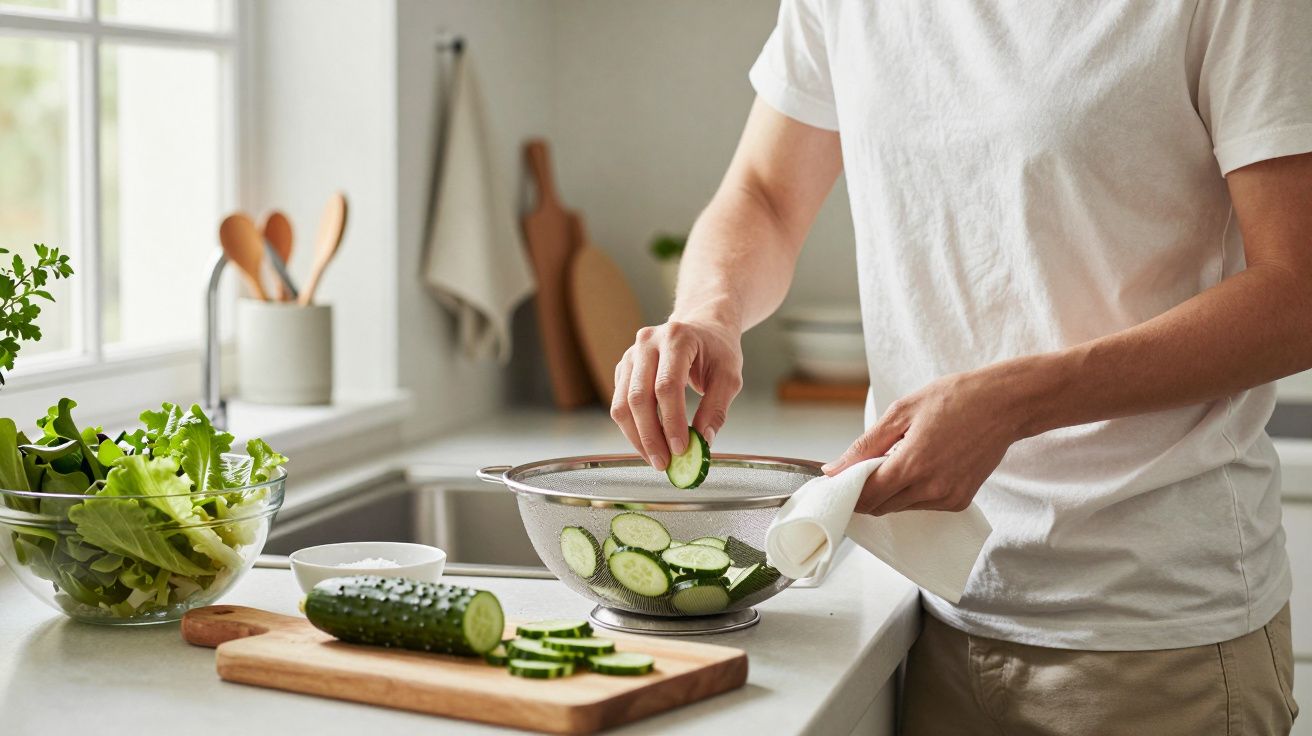 Person preparing salad with fresh cucumber and greens in a bright kitchen.