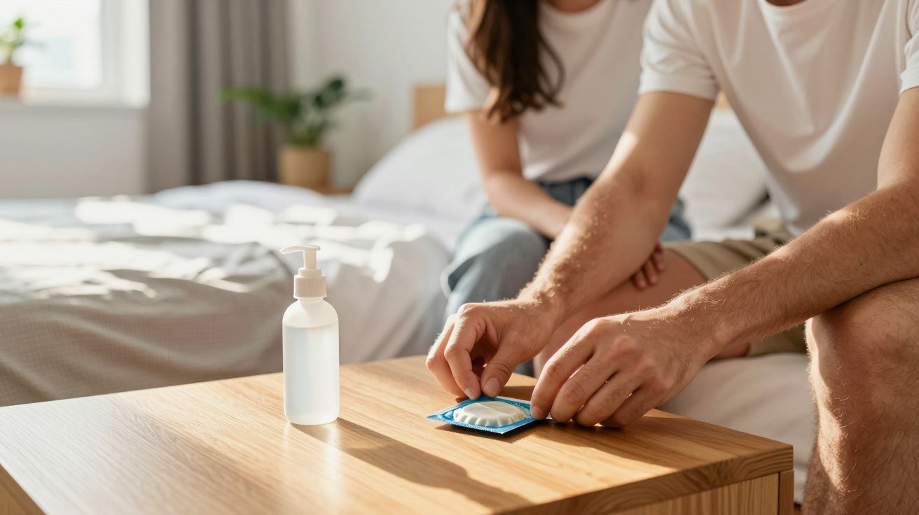 A couple sits on a bed in a sunlit room, with a hand holding a condom wrapper and a bottle on the wooden table.