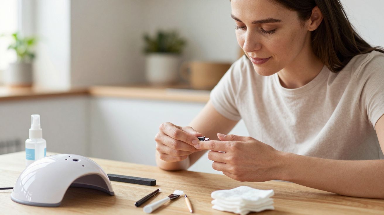 Woman applying nail polish at home with a UV lamp and manicure tools on the table.