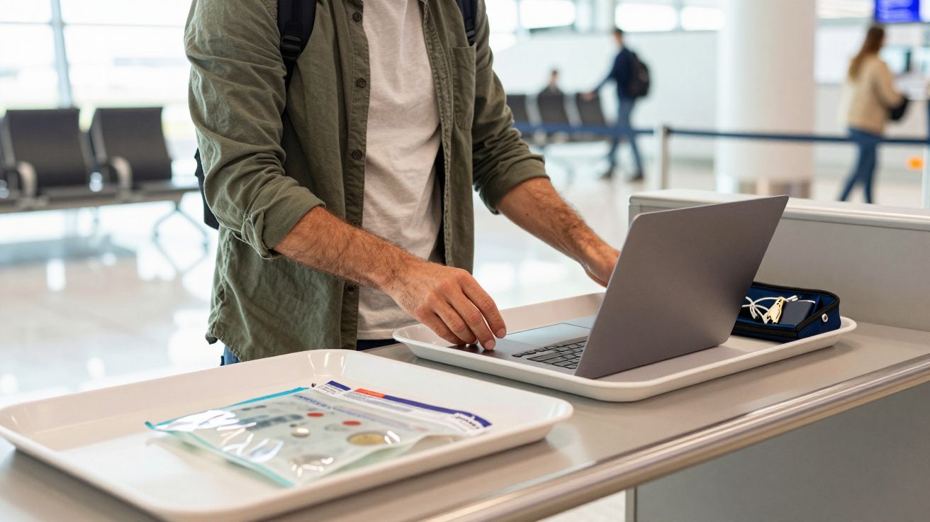 Man at airport security placing a laptop in a tray with a bag of liquids nearby.