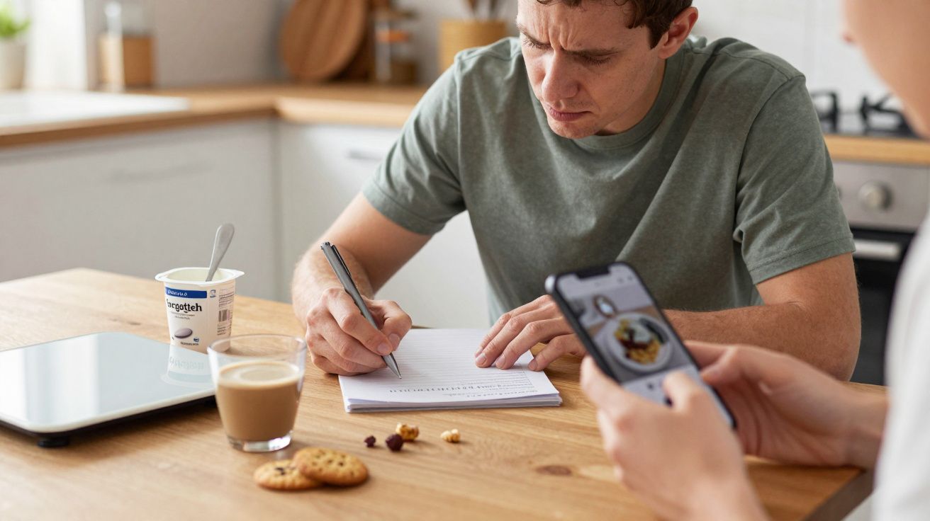 Man writing in a notebook at a kitchen table with yoghurt, coffee, and snacks; another person views a phone screen.
