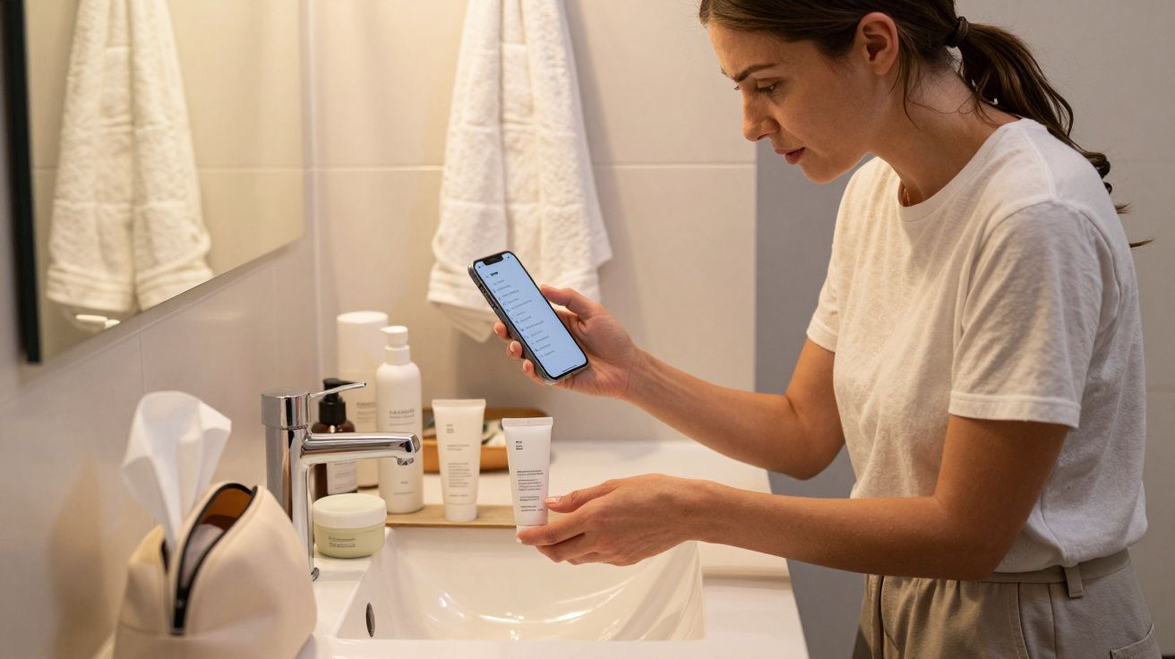 Woman in a bathroom reads skincare product label while holding a phone, surrounded by various toiletries on sink.
