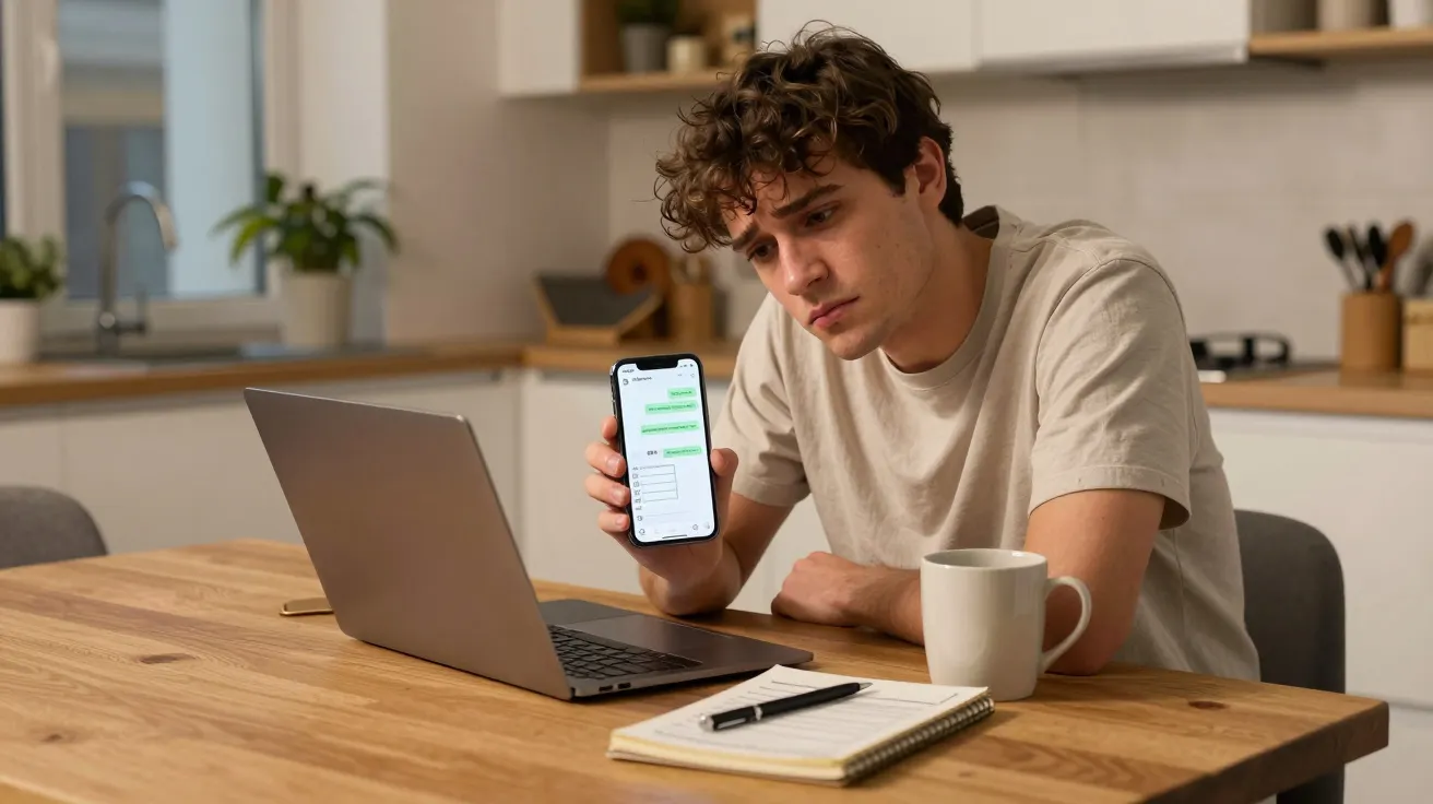 Young man at kitchen table, looking at phone with laptop, notebook, and mug nearby.