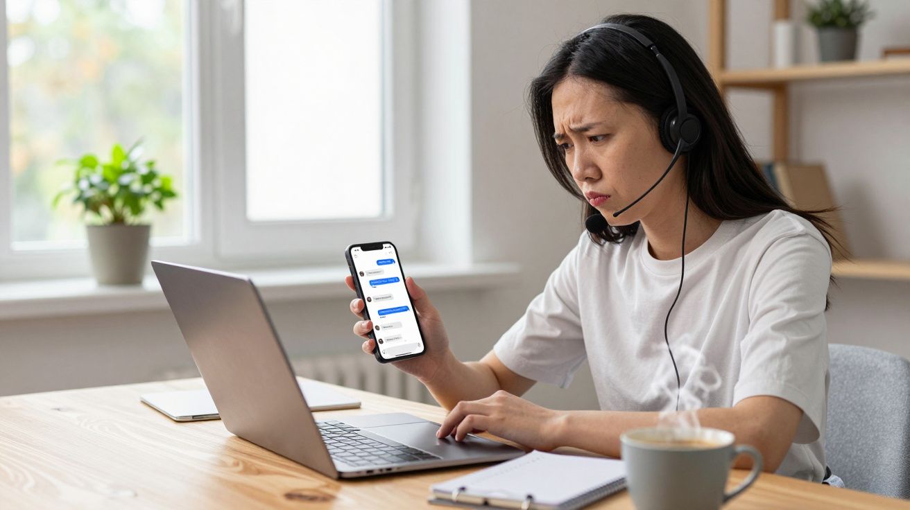 A woman with a headset looks at her phone screen while using a laptop at a desk, appearing concerned.