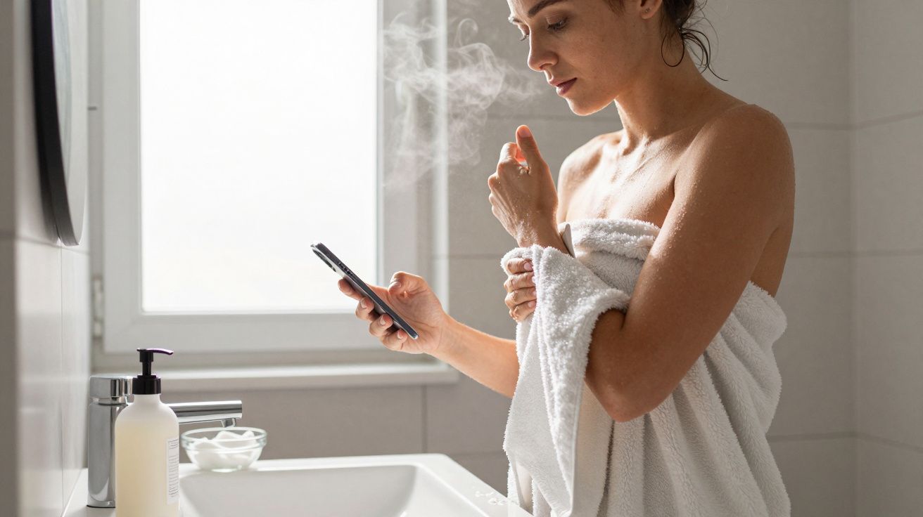 Woman in a bathroom wrapped in a towel, using a smartphone near a sink with soap dispenser and steam.