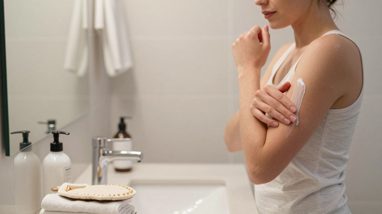 Woman applying lotion to her arm in a bathroom, with skincare bottles and brush on the sink.