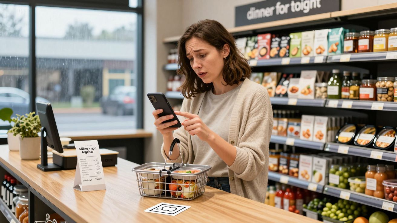 Woman using smartphone to scan groceries at a checkout in a modern shop, items include fresh produce and jars.