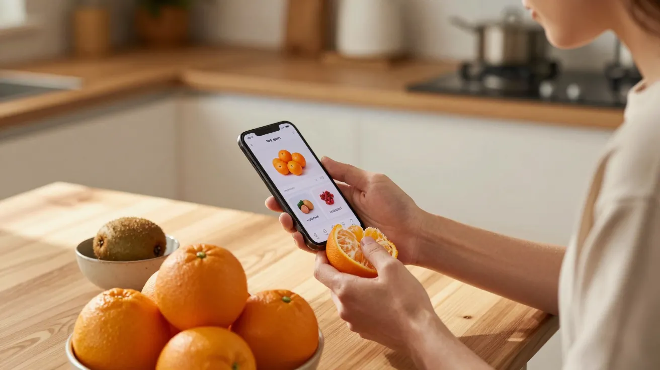 Person holding a smartphone showing orange images, while peeling an orange in a kitchen with fruits on the table.