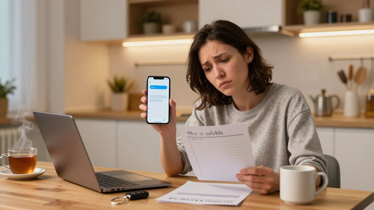 Woman at table holding phone and paper, looking confused; laptop and tea nearby in a kitchen setting.