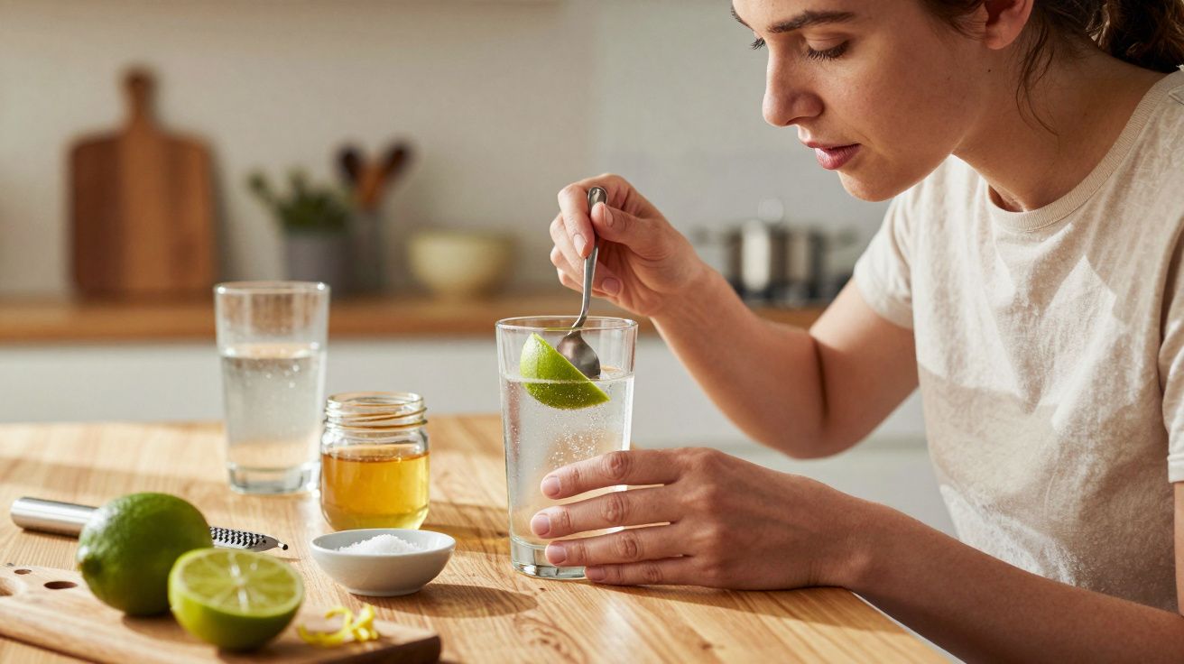 Woman preparing lime and honey drink at kitchen table, with ingredients displayed.