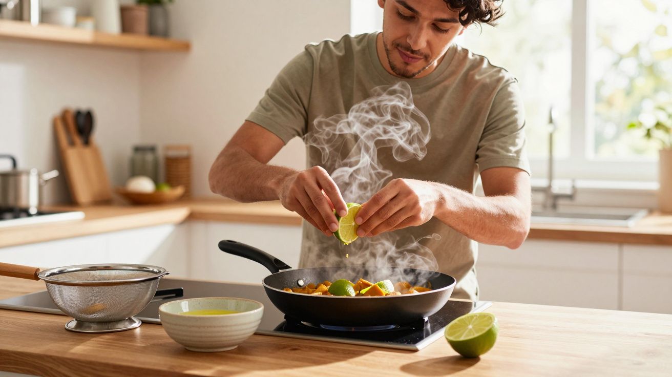 Man cooking in a kitchen, squeezing lime into a steaming pan on a hob, with kitchenware nearby.