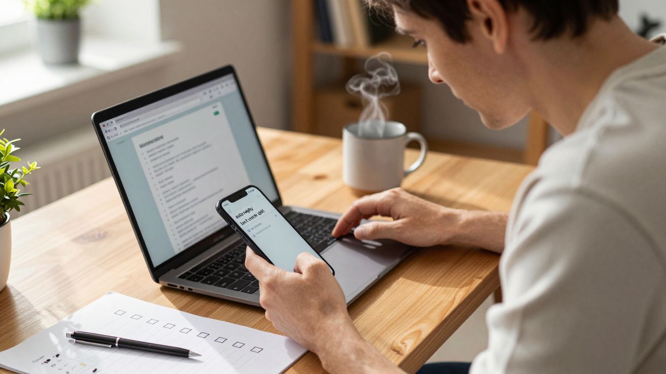Person using laptop and smartphone at desk, with notebook and steaming mug nearby.