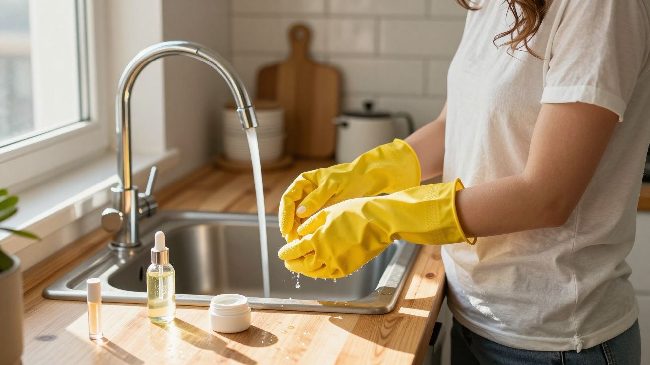 Person with yellow gloves washing hands at a kitchen sink, sunlight streaming in, with bottles on counter.