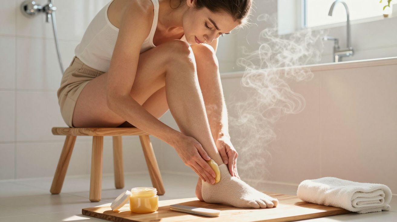Woman sitting on a stool, applying lotion to her legs in a steamy bathroom, with grooming tools nearby.