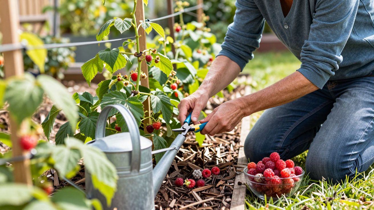 Person harvesting raspberries in a garden, holding pruning shears beside a watering can and a bowl of raspberries.