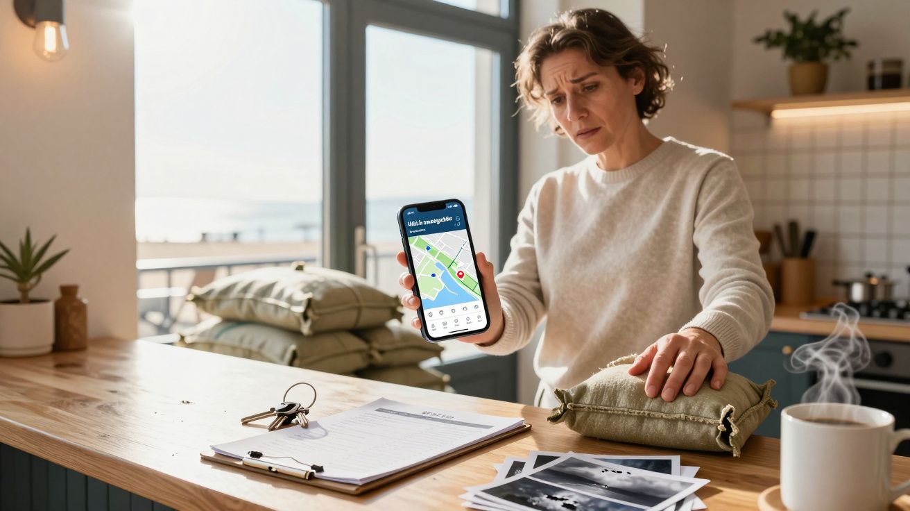 Person in kitchen looking at a smartphone displaying a map app, with photos, clipboard, and coffee cup on the table.