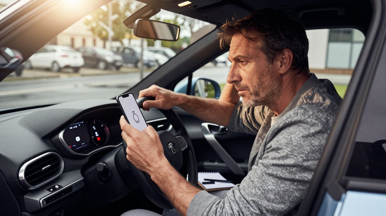 Man in car looking at smartphone, parked on roadside, steering wheel visible, wearing grey jumper, daytime.
