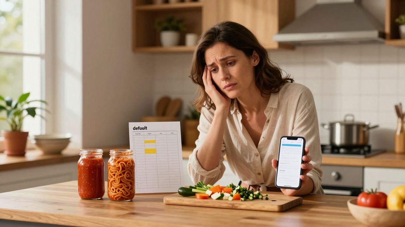 Woman in kitchen holding phone, looking concerned, with chopped vegetables, two jars, and a meal planner on the counter.