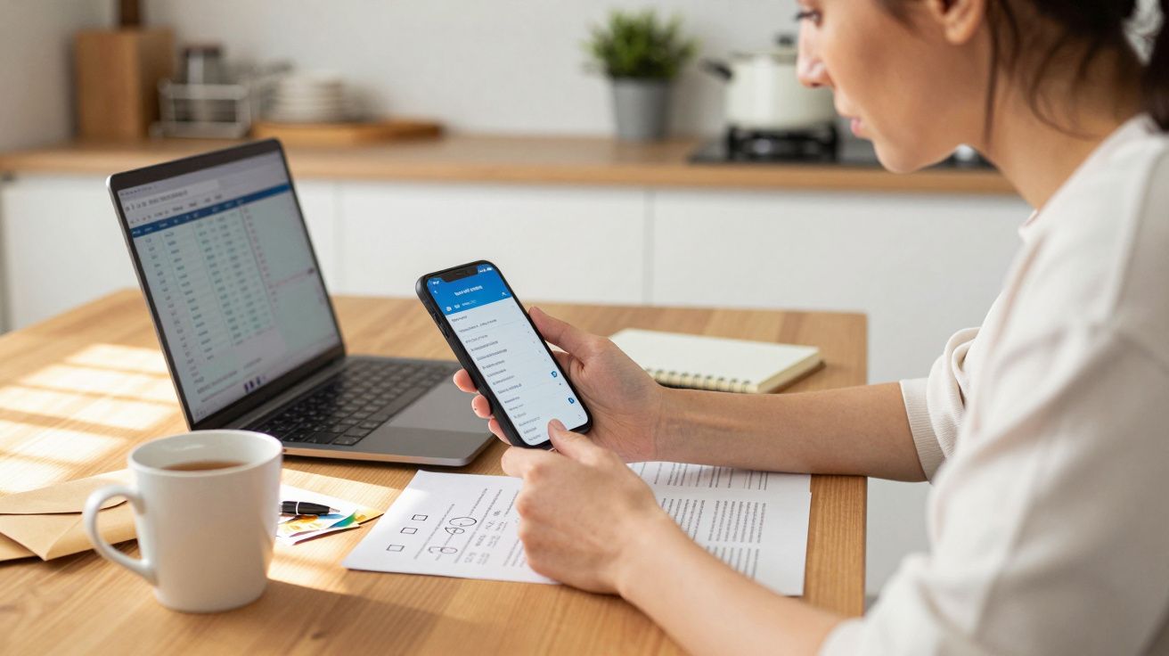 Woman working on laptop and smartphone at a wooden table, with a cup of coffee and papers nearby.