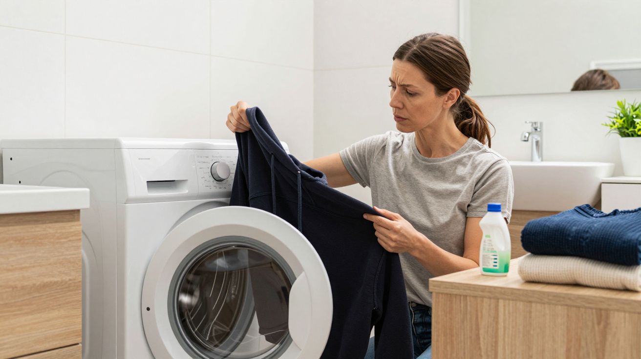 Woman examining a navy hoodie by a washing machine, looking concerned, in a modern laundry room setting.