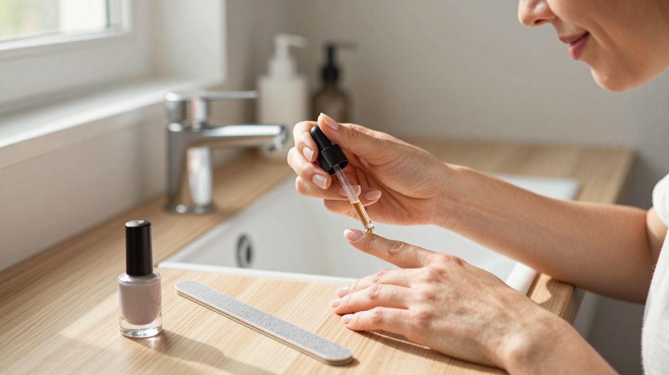 Woman applying cuticle oil to nails by a sink with nail polish and a file on the counter.