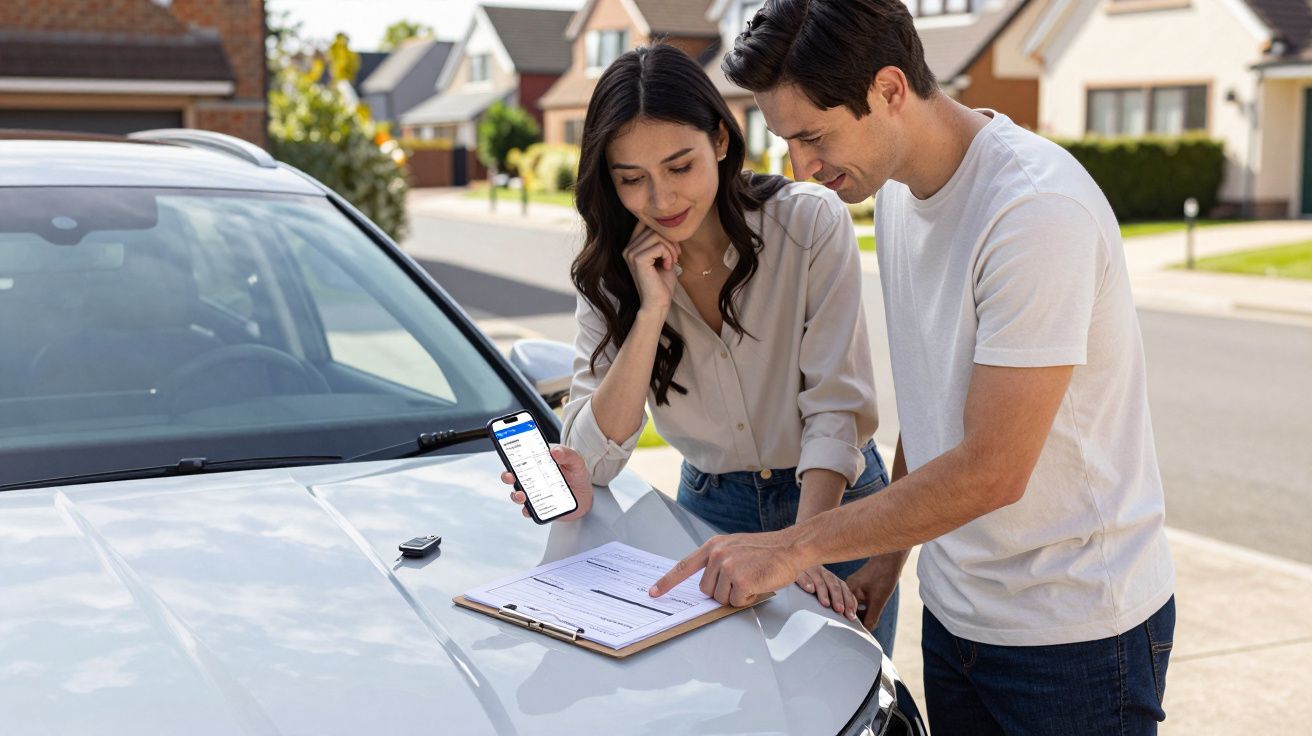 Two people stand next to a car discussing documents on a clipboard, with a smartphone displaying an app.