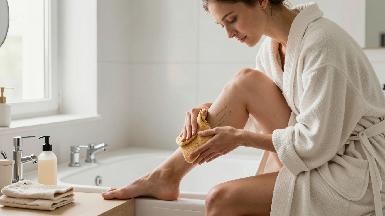 Woman in a white robe exfoliating her leg with a sponge in a bright bathroom.