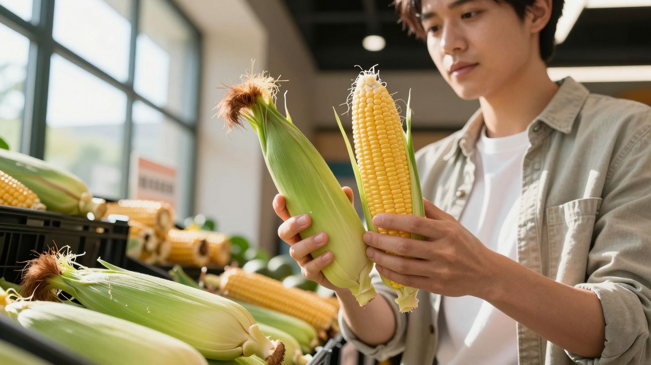 Person examining ears of corn in a well-lit grocery store aisle.