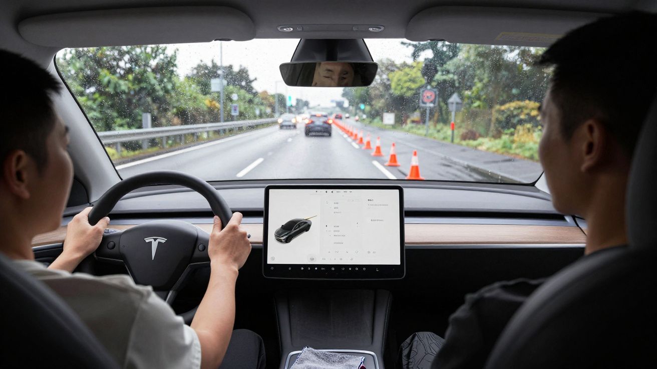 Two people in a Tesla with visible dashboard, driving on a road with traffic cones and greenery.