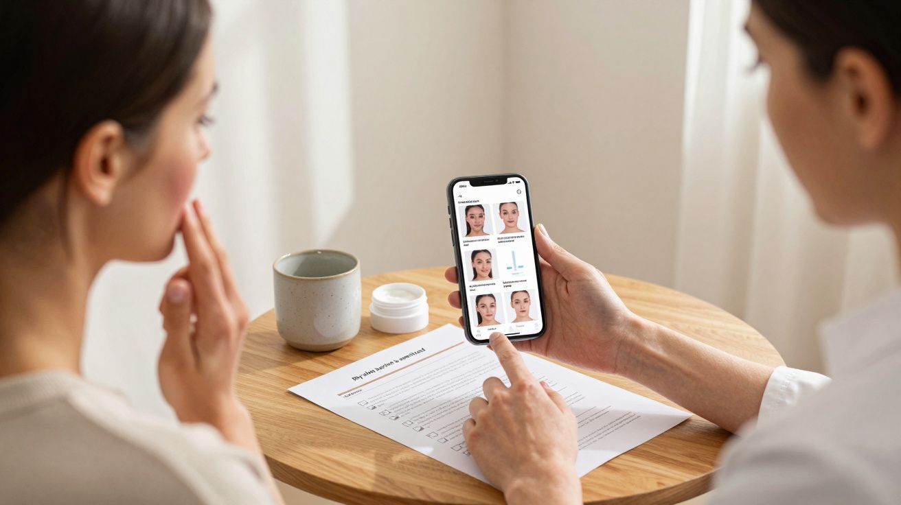 Two women review skincare images on a smartphone at a wooden table with a coffee cup and document.