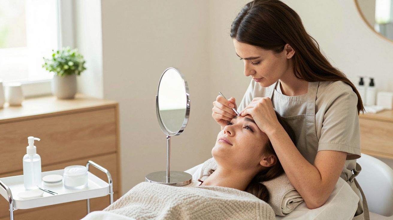 Beautician shaping client's eyebrows with tweezers in a bright salon, with products on a trolley nearby.