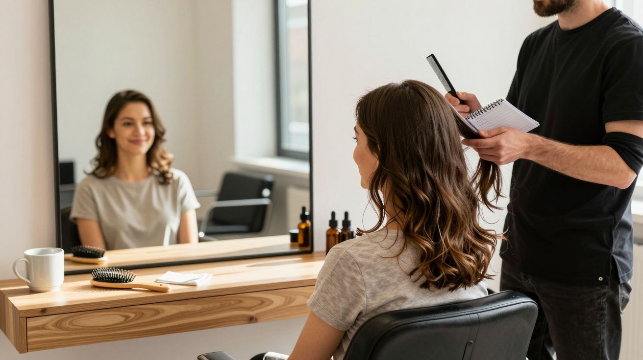 Woman with wavy hair at salon, reflected in mirror, stylist takes notes nearby.