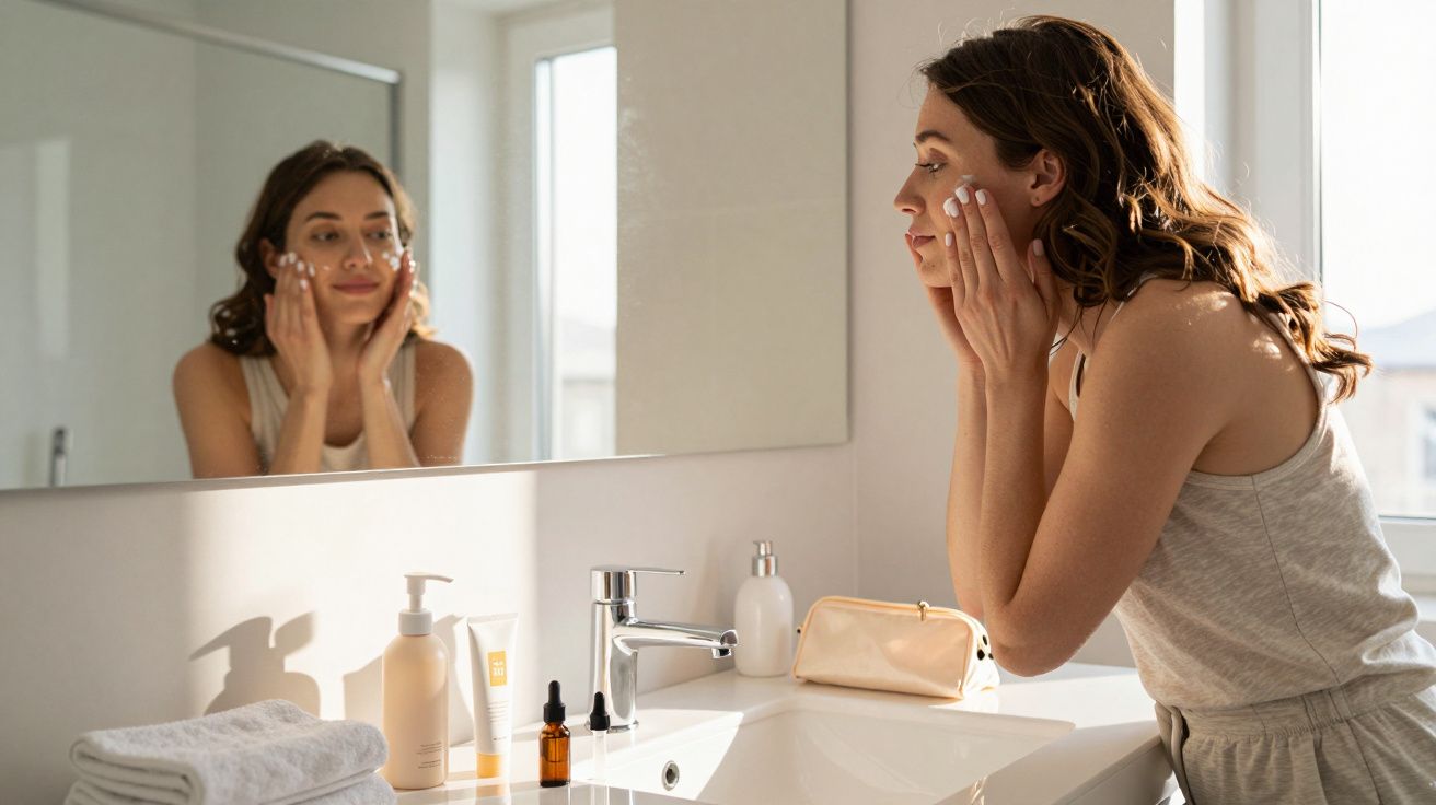Woman applying skincare in a bright bathroom, standing at a sink with products neatly arranged, facing a large mirror.
