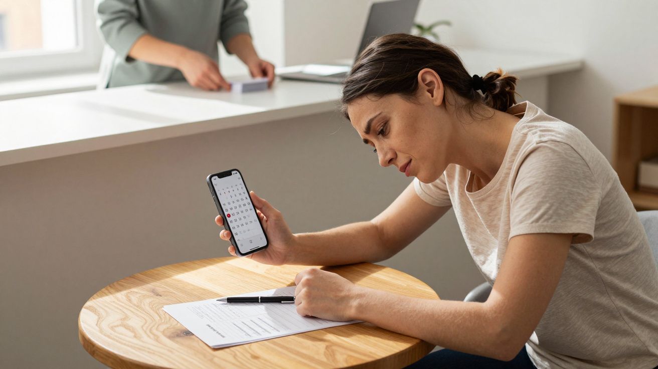 Woman writing at table, checking calendar on smartphone, while another person works in the background.