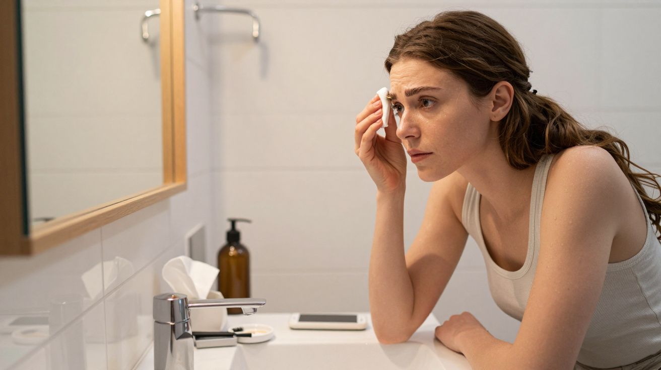 Woman in a bathroom removing makeup with a cotton pad, looking concerned.