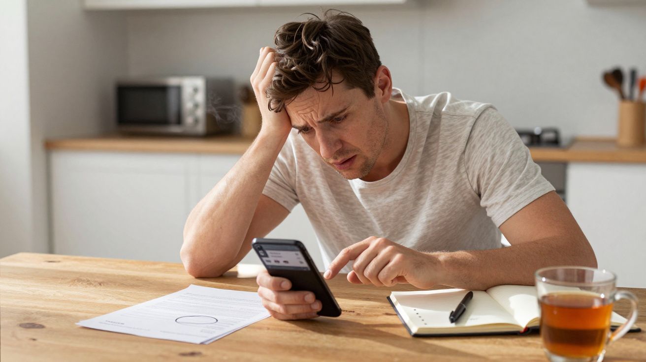 Man looking stressed, sitting at a table with a smartphone, paper, notebook, and tea in a kitchen setting.