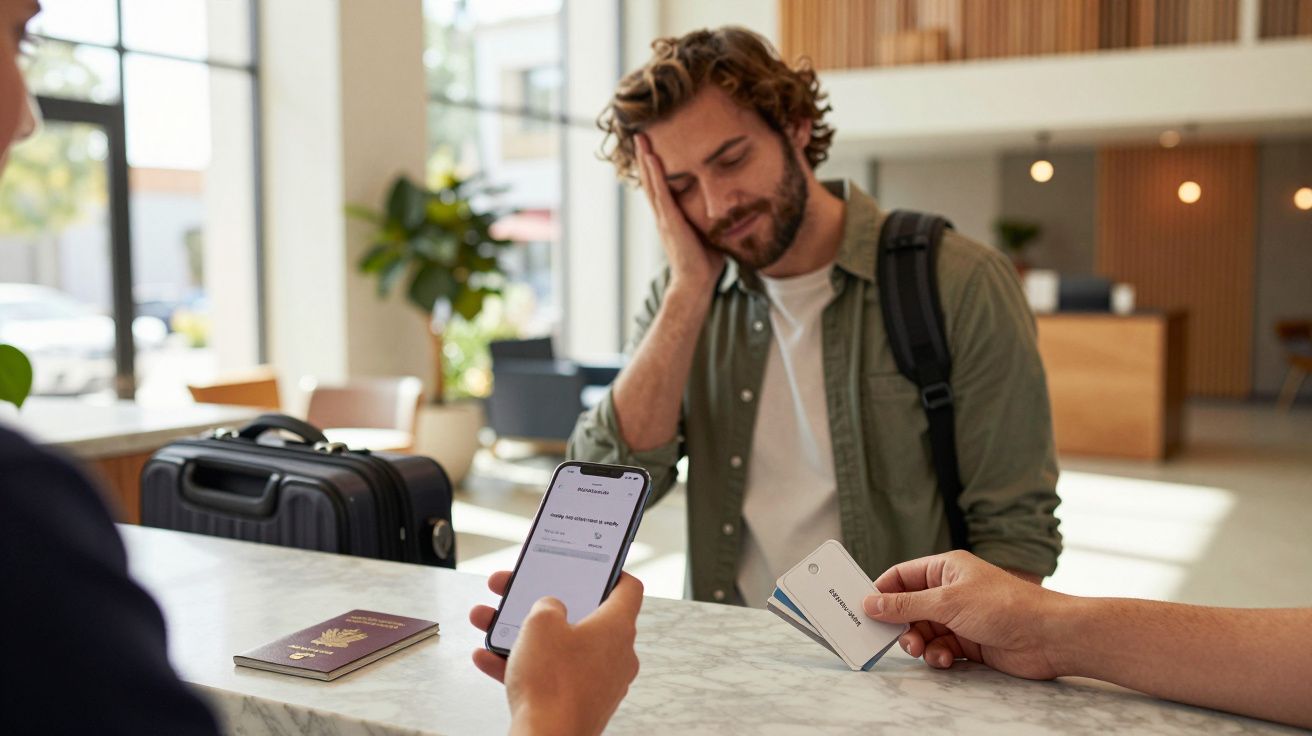 Man at hotel check-in, holding his head, while receiving a payment terminal for a card transaction.