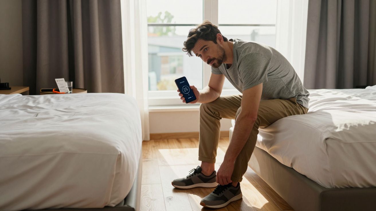 Man sitting on bed, holding a smartphone with a loading screen, tying shoelaces, in a bright room with large windows.