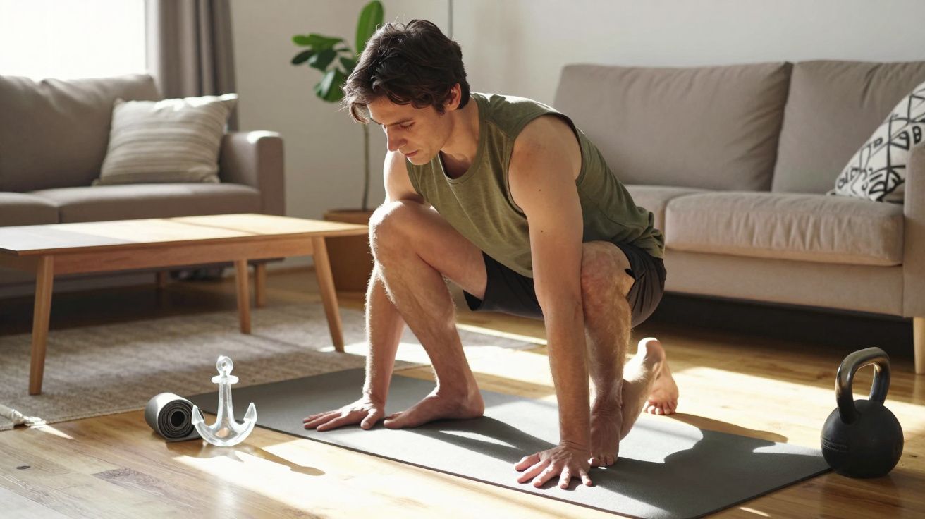 Man practising yoga at home on a mat, in a living room with a sofa, table, and kettlebell visible.