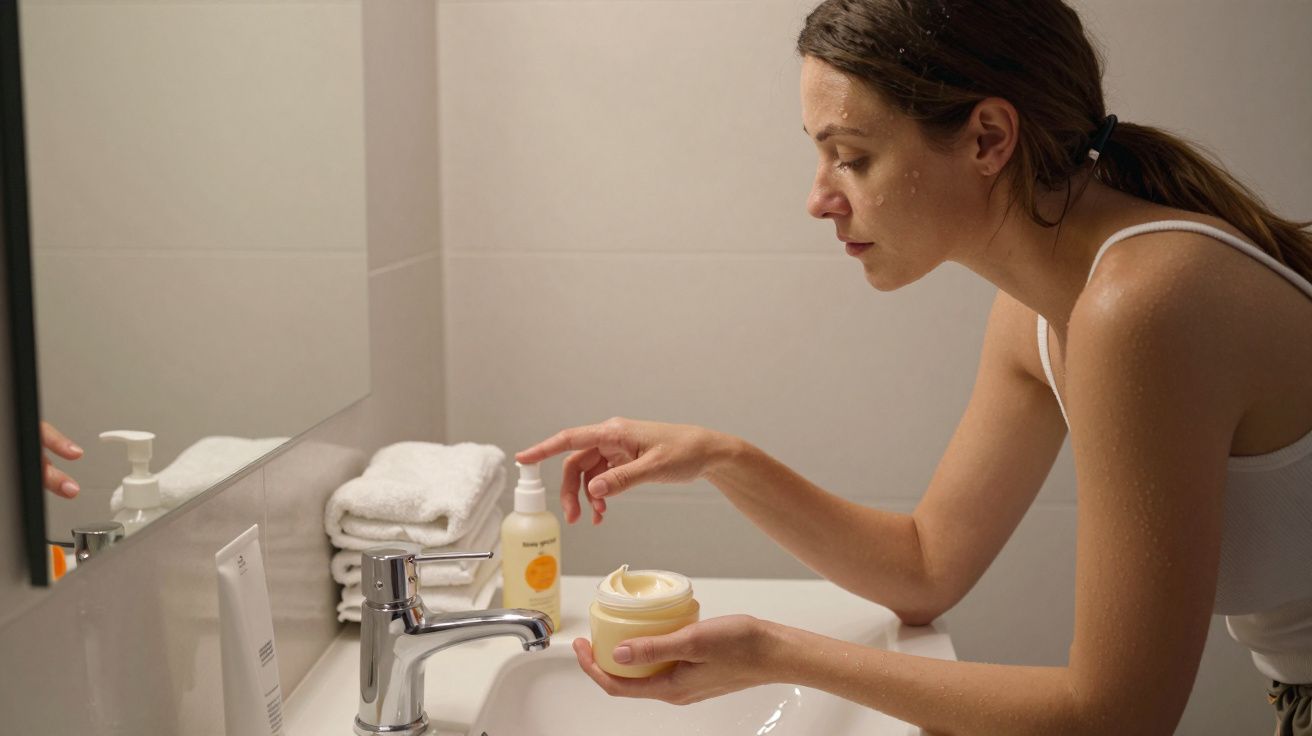 Woman applying cream in bathroom, standing by sink with towels and toiletries, reflected in mirror.