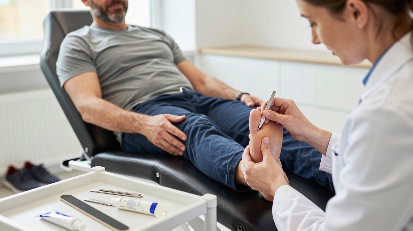 Doctor examining a patient's foot in a medical clinic, with instruments and creams on a nearby trolley.