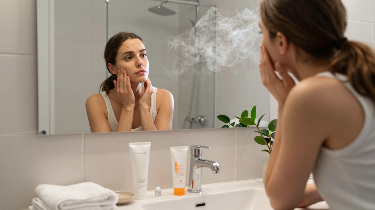 Woman in bathroom applying skincare in front of mirror, steam rising, with plants and skincare products on the counter.