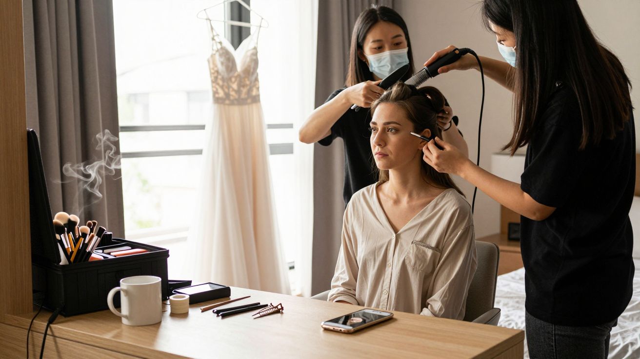 Two hairstylists prepare a woman sitting by a vanity with makeup tools, a wedding dress hanging in the background.