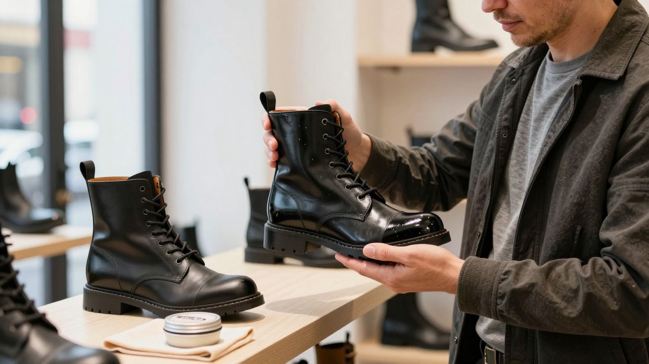 Man examining black leather boots in a shoe shop, holding a polished pair while looking focused.