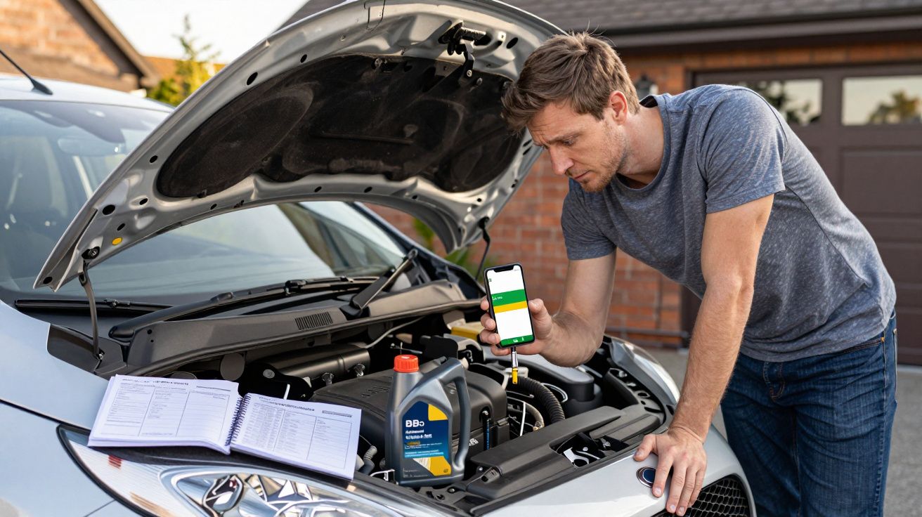 Man checking car engine with open manual and phone in driveway.